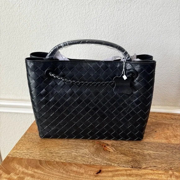 LEATHER INSIDE & OUTBlack Large Intrecciato Woven Braided Tote Structured Bag